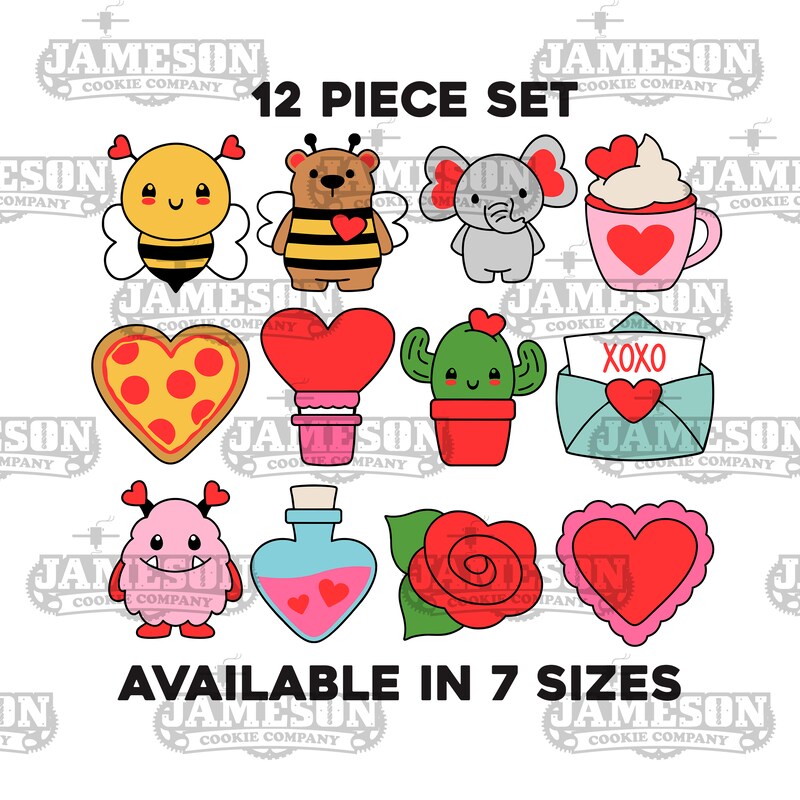 Valentine's Day Cookie Cutter Set - 12 Piece Set, Bee, Bear, Love Mug, Heart, Rose, Love Potion, Love Monster